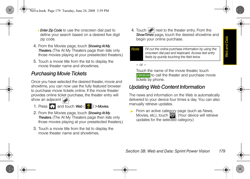 Purchasing movie tickets, Updating web content information | Samsung SPH-M800ZKASPR User Manual | Page 191 / 242