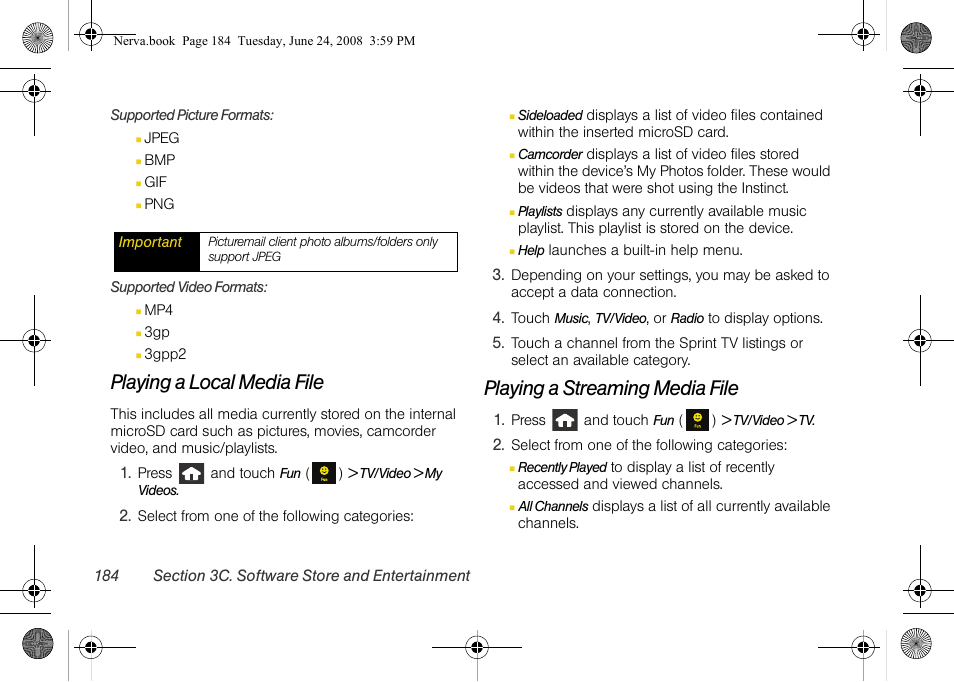 Playing a local media file, Playing a streaming media file | Samsung SPH-M800ZKASPR User Manual | Page 196 / 242