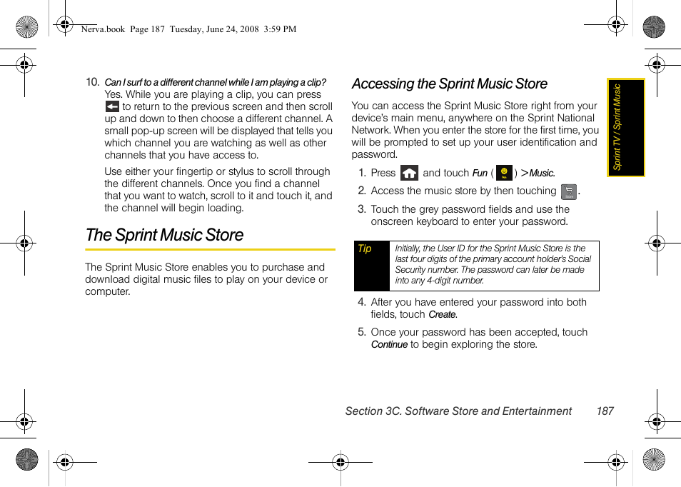 The sprint music store, Accessing the sprint music store | Samsung SPH-M800ZKASPR User Manual | Page 199 / 242