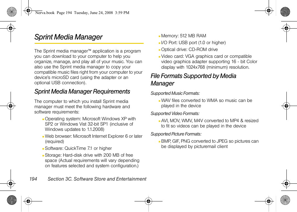 Sprint media manager, Sprint media manager requirements, File formats supported by media manager | Samsung SPH-M800ZKASPR User Manual | Page 206 / 242