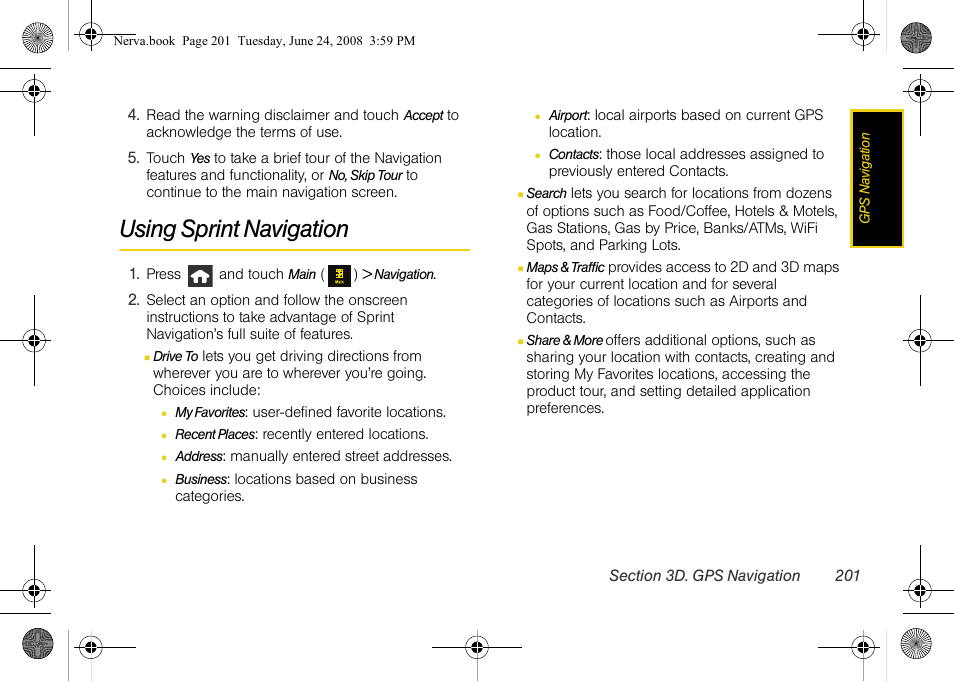 Using sprint navigation | Samsung SPH-M800ZKASPR User Manual | Page 213 / 242