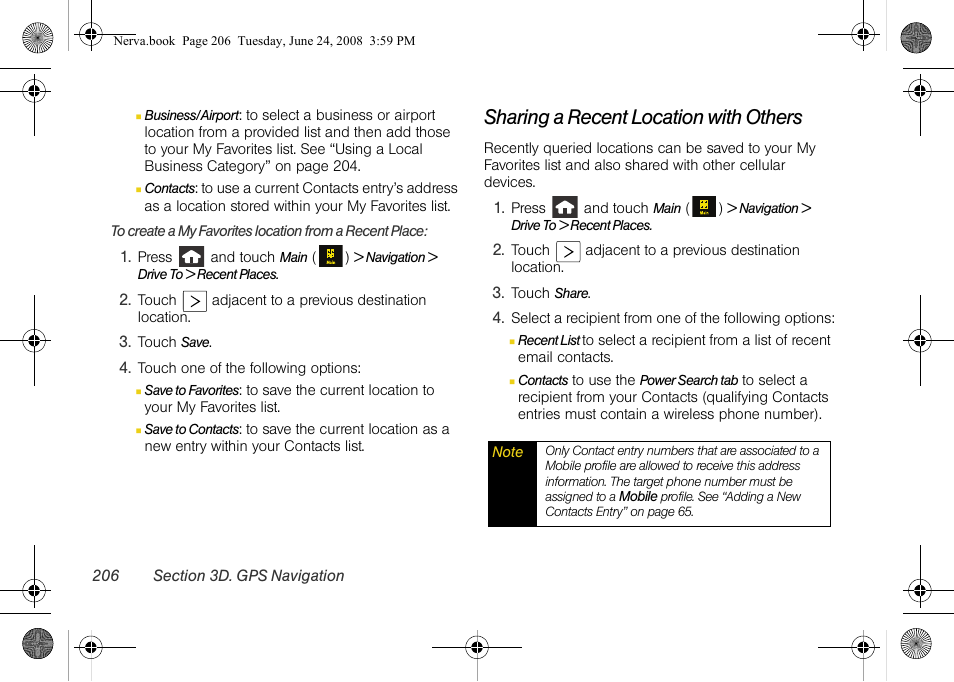 Sharing a recent location with others | Samsung SPH-M800ZKASPR User Manual | Page 218 / 242