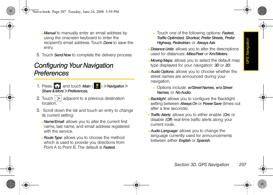 Configuring your navigation preferences | Samsung SPH-M800ZKASPR User Manual | Page 219 / 242