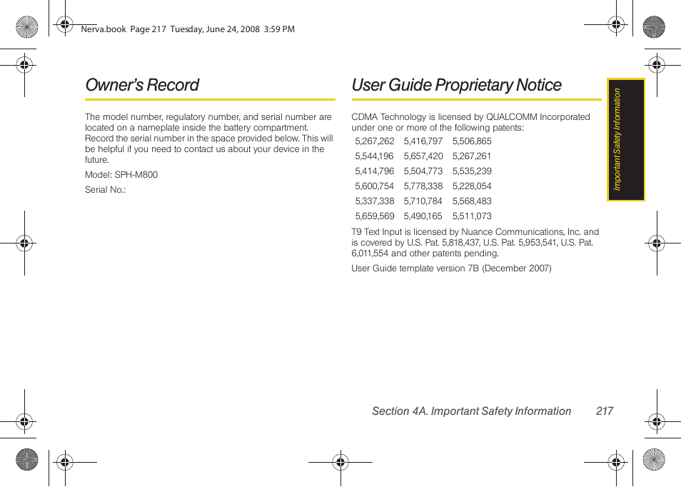 Owner’s record, User guide proprietary notice | Samsung SPH-M800ZKASPR User Manual | Page 229 / 242