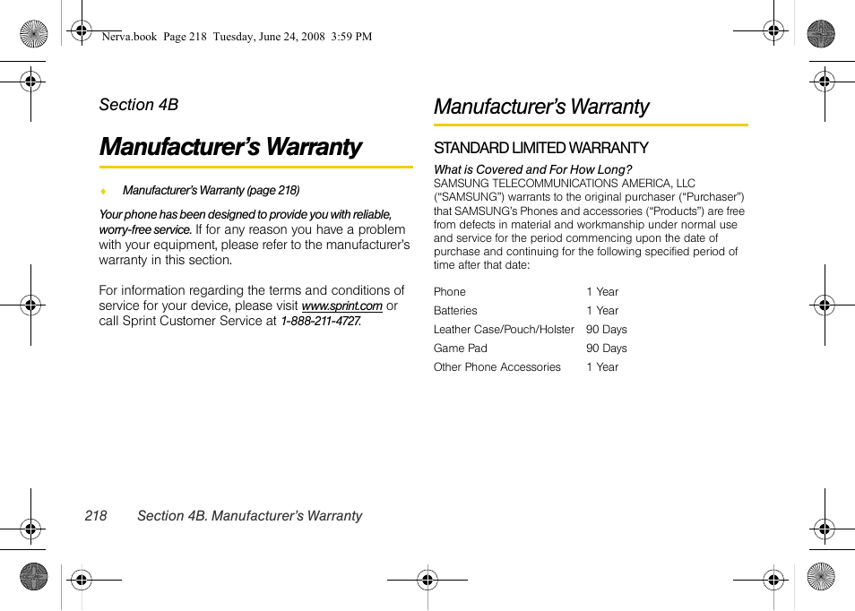Manufacturer’s warranty, 4b. manufacturer’s warranty | Samsung SPH-M800ZKASPR User Manual | Page 230 / 242