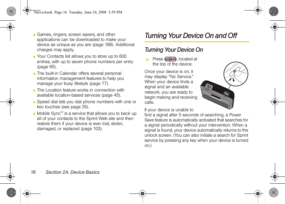 Turning your device on and off, Turning your device on | Samsung SPH-M800ZKASPR User Manual | Page 28 / 242