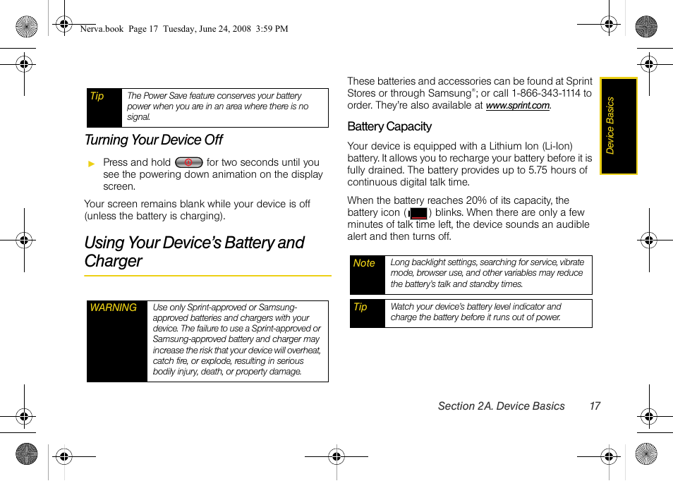 Turning your device off, Using your device’s battery and charger | Samsung SPH-M800ZKASPR User Manual | Page 29 / 242
