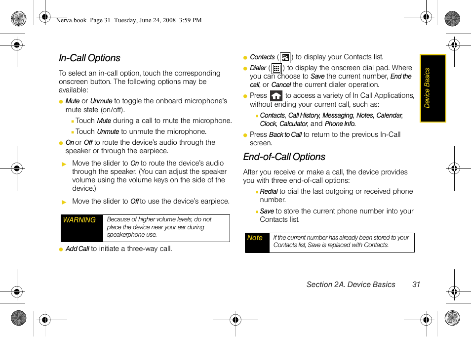 In-call options, End-of-call options | Samsung SPH-M800ZKASPR User Manual | Page 43 / 242