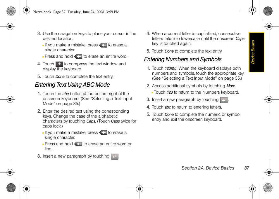 Entering text using abc mode, Entering numbers and symbols | Samsung SPH-M800ZKASPR User Manual | Page 49 / 242