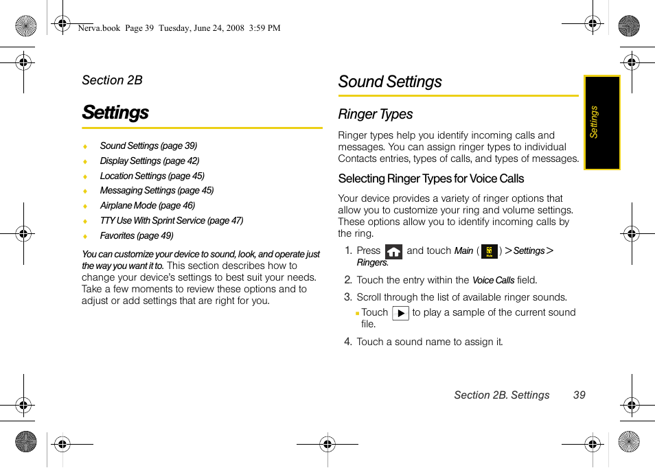 Settings, Sound settings, Ringer types | 2b. settings | Samsung SPH-M800ZKASPR User Manual | Page 51 / 242