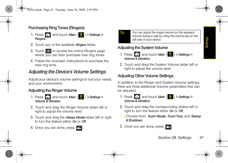 Adjusting the device’s volume settings | Samsung SPH-M800ZKASPR User Manual | Page 53 / 242