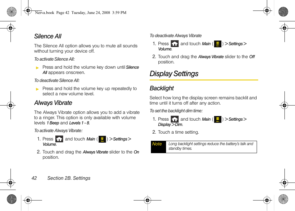 Silence all, Always vibrate, Display settings | Backlight | Samsung SPH-M800ZKASPR User Manual | Page 54 / 242