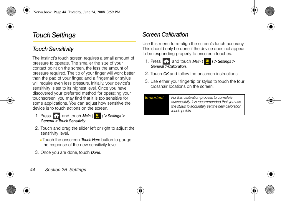 Touch settings, Touch sensitivity, Screen calibration | Samsung SPH-M800ZKASPR User Manual | Page 56 / 242