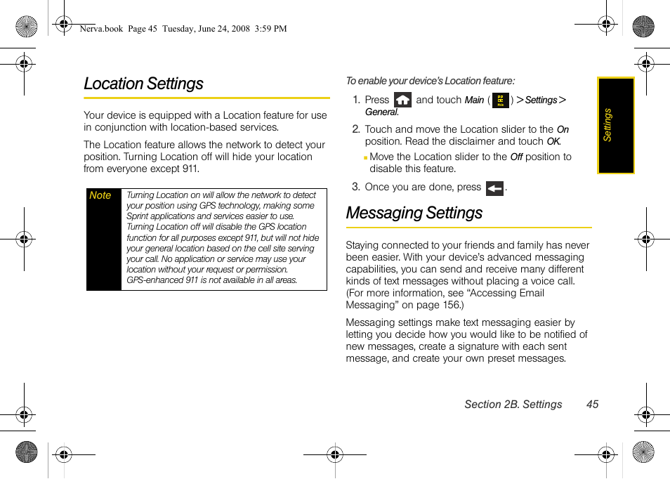 Location settings, Messaging settings | Samsung SPH-M800ZKASPR User Manual | Page 57 / 242