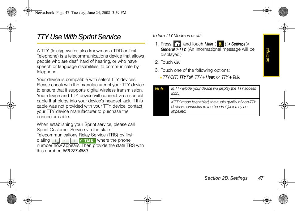 Tty use with sprint service | Samsung SPH-M800ZKASPR User Manual | Page 59 / 242