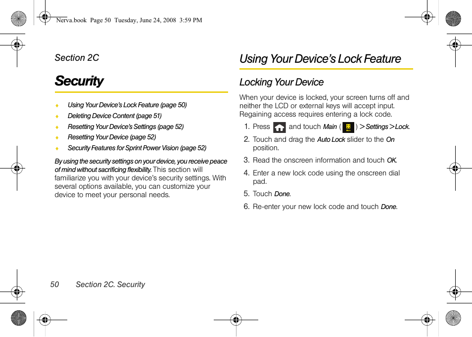 Security, Using your device’s lock feature, Locking your device | 2c. security | Samsung SPH-M800ZKASPR User Manual | Page 62 / 242