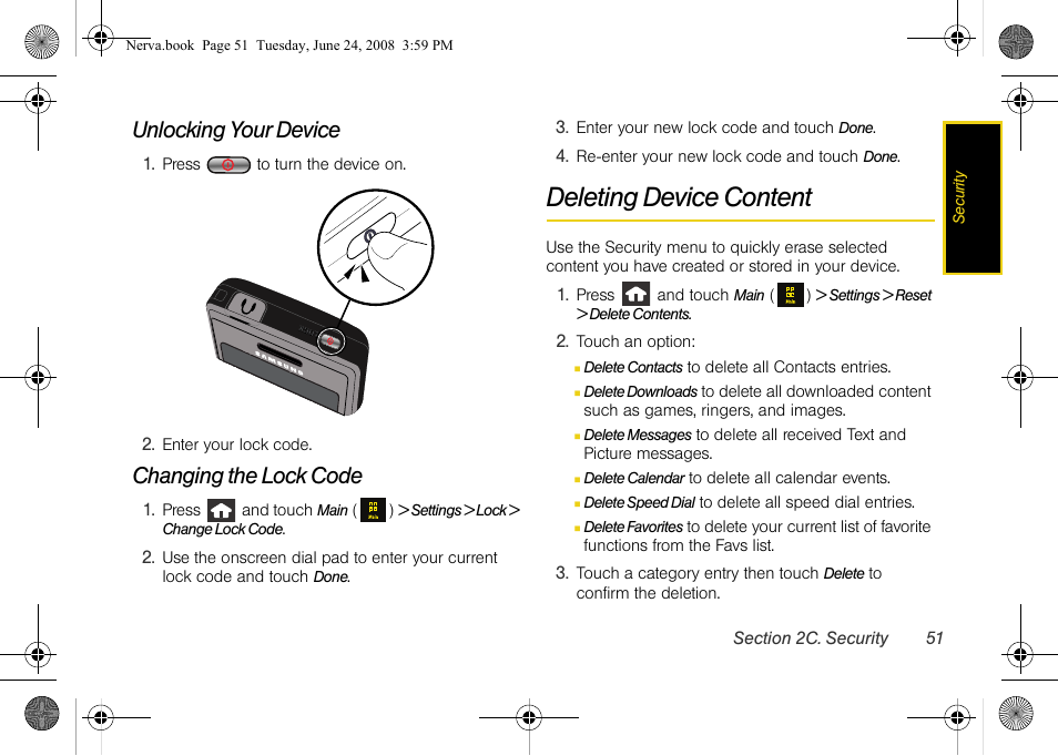 Unlocking your device, Changing the lock code, Deleting device content | Samsung SPH-M800ZKASPR User Manual | Page 63 / 242