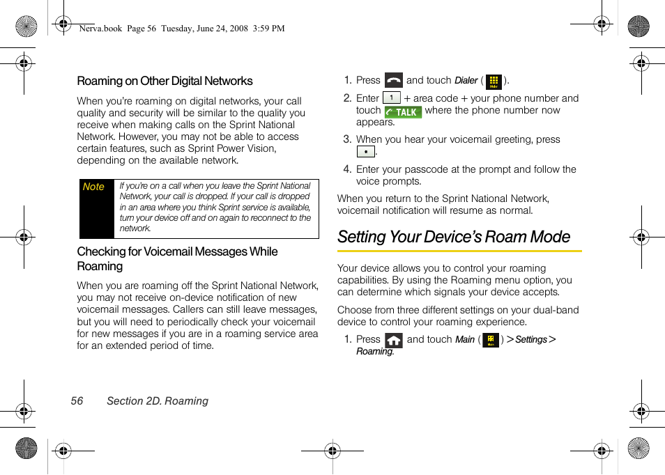 Setting your device’s roam mode | Samsung SPH-M800ZKASPR User Manual | Page 68 / 242