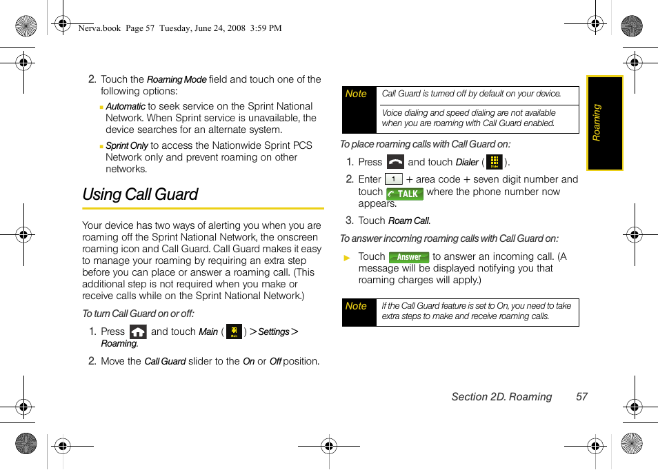 Using call guard, Ee “using call | Samsung SPH-M800ZKASPR User Manual | Page 69 / 242