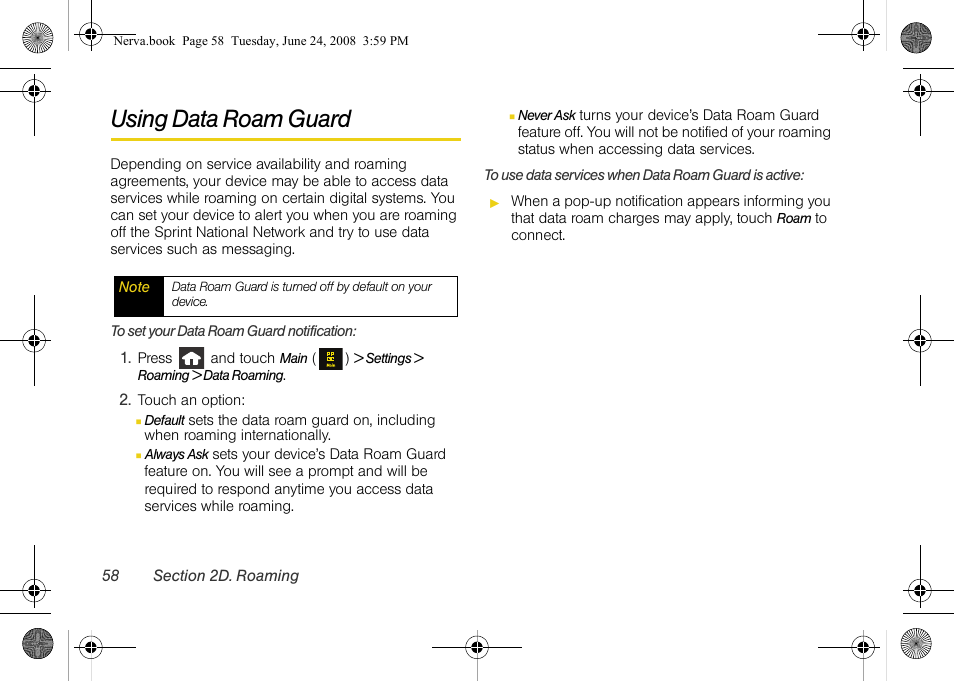 Using data roam guard | Samsung SPH-M800ZKASPR User Manual | Page 70 / 242