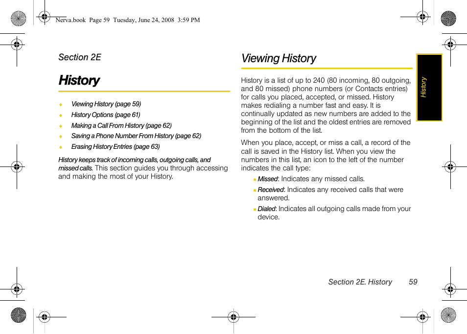 History, Viewing history, 2e. history | Samsung SPH-M800ZKASPR User Manual | Page 71 / 242