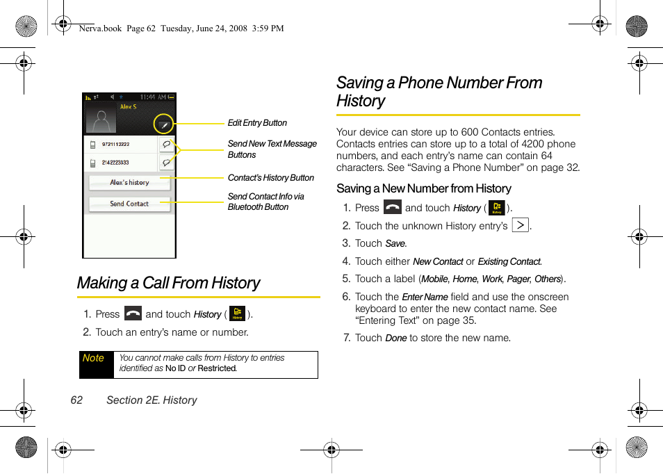 Making a call from history, Saving a phone number from history | Samsung SPH-M800ZKASPR User Manual | Page 74 / 242