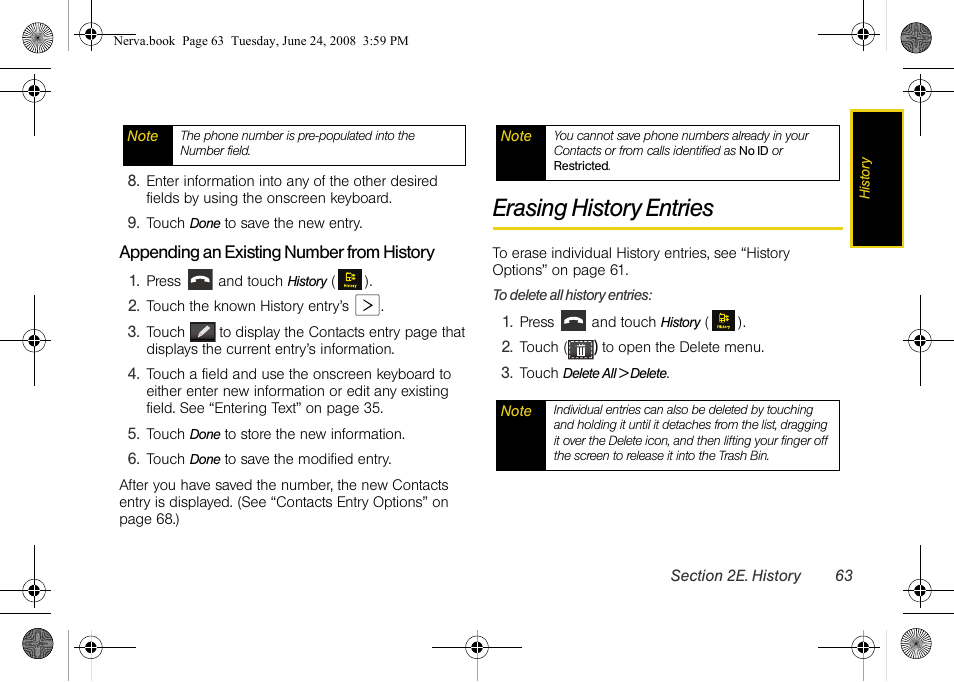 Erasing history entries | Samsung SPH-M800ZKASPR User Manual | Page 75 / 242