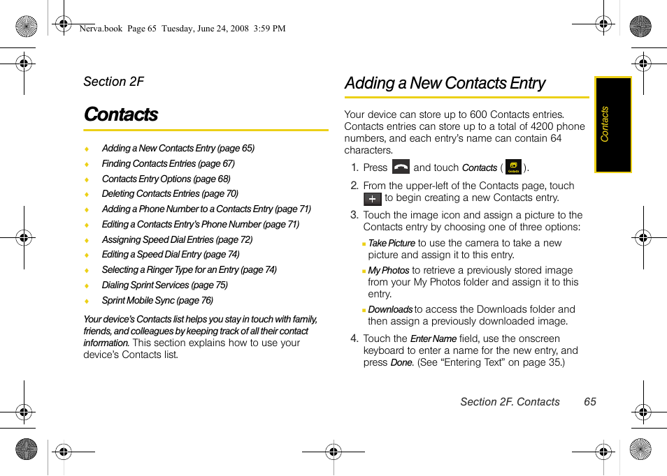 Contacts, Adding a new contacts entry, 2f. contacts | Samsung SPH-M800ZKASPR User Manual | Page 77 / 242