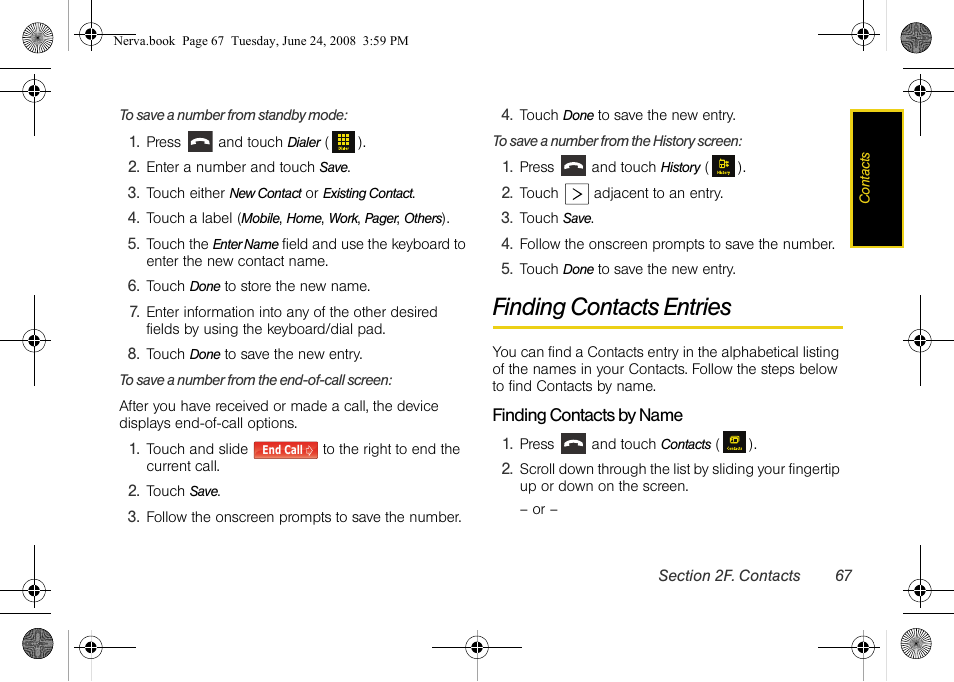 Finding contacts entries | Samsung SPH-M800ZKASPR User Manual | Page 79 / 242