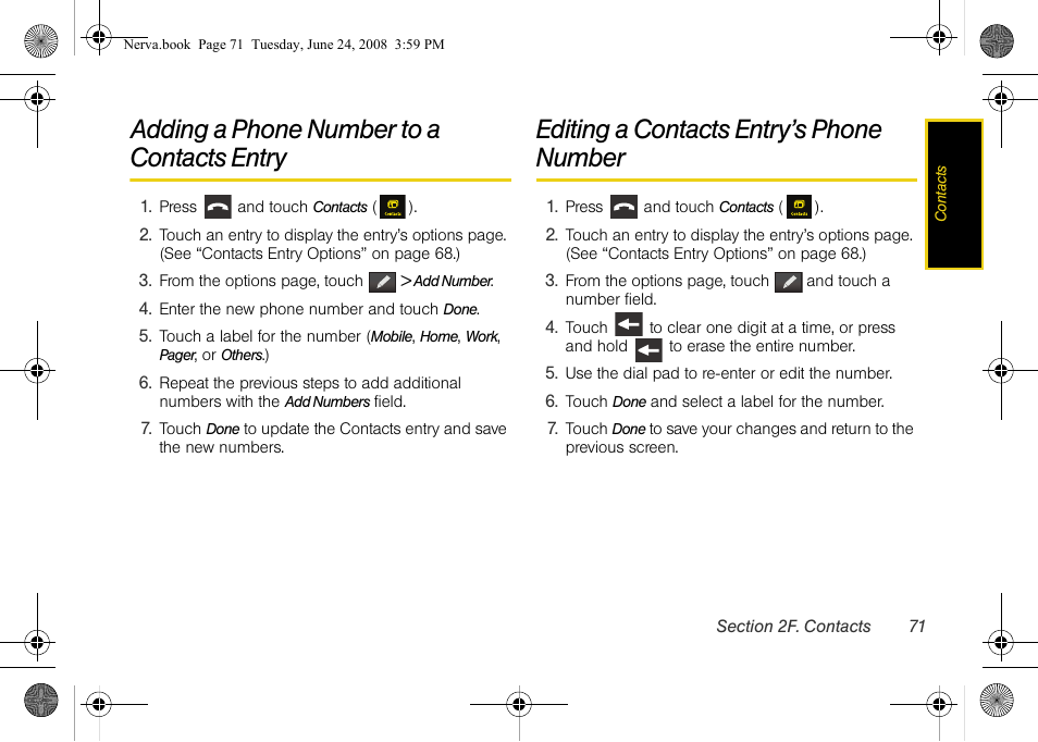 Adding a phone number to a contacts entry, Editing a contacts entry’s phone number | Samsung SPH-M800ZKASPR User Manual | Page 83 / 242