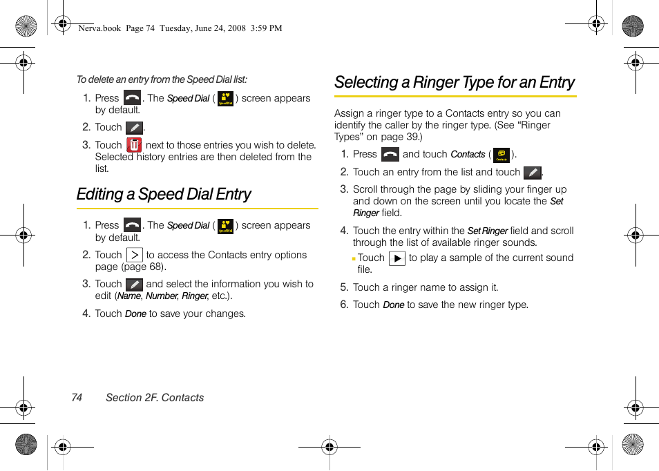 Editing a speed dial entry, Selecting a ringer type for an entry | Samsung SPH-M800ZKASPR User Manual | Page 86 / 242