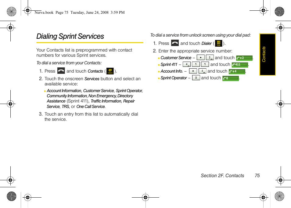 Dialing sprint services | Samsung SPH-M800ZKASPR User Manual | Page 87 / 242