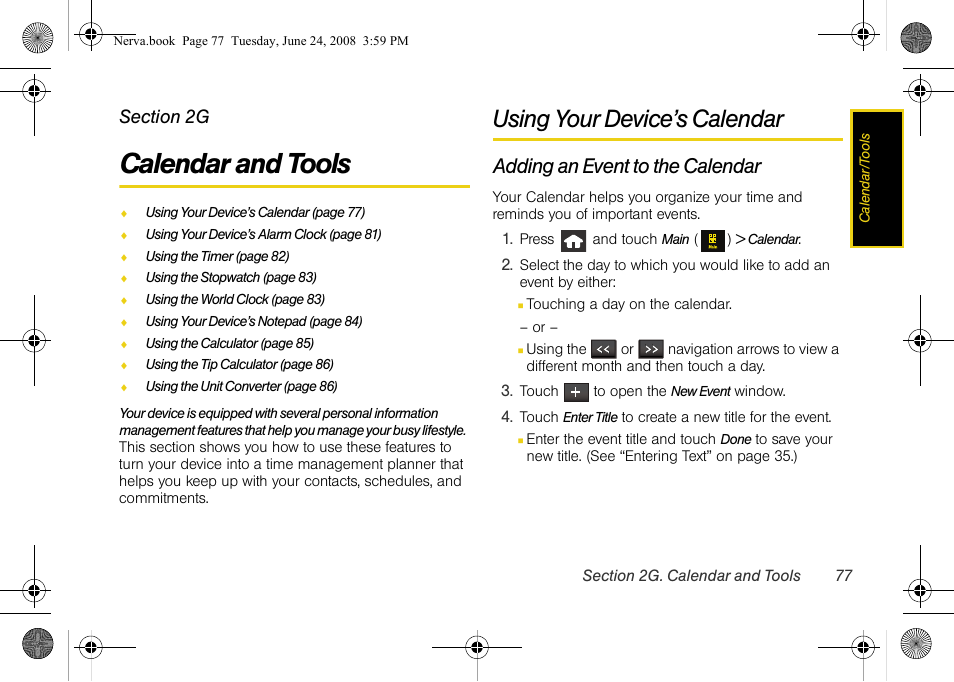 Calendar and tools, Using your device’s calendar, Adding an event to the calendar | 2g. calendar and tools | Samsung SPH-M800ZKASPR User Manual | Page 89 / 242