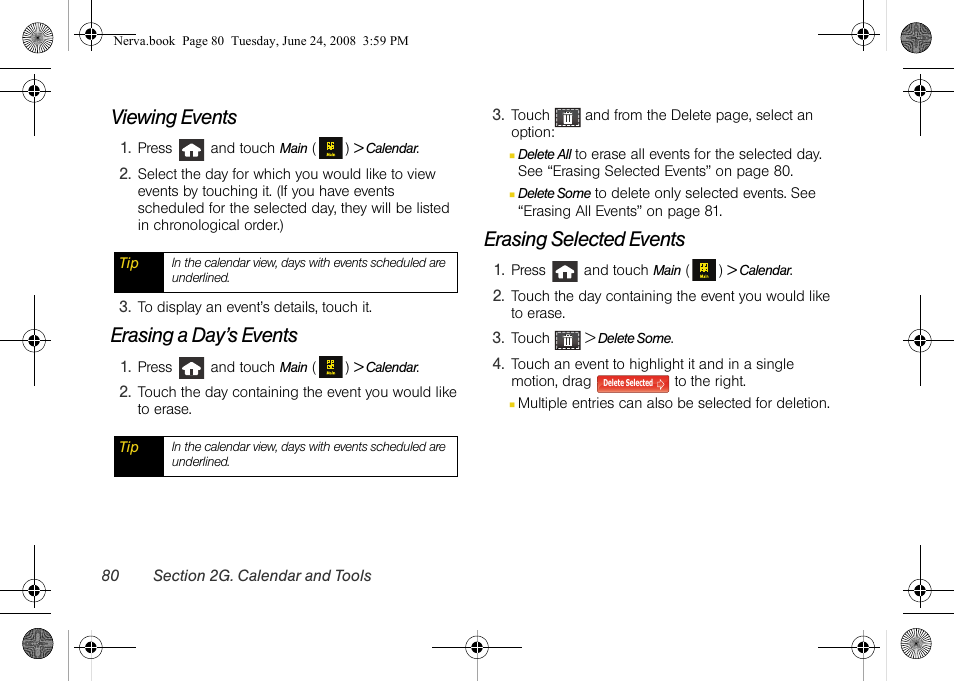 Viewing events, Erasing a day’s events, Erasing selected events | Samsung SPH-M800ZKASPR User Manual | Page 92 / 242