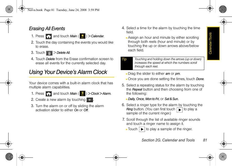 Erasing all events, Using your device’s alarm clock | Samsung SPH-M800ZKASPR User Manual | Page 93 / 242
