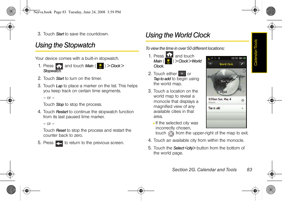 Using the stopwatch, Using the world clock | Samsung SPH-M800ZKASPR User Manual | Page 95 / 242