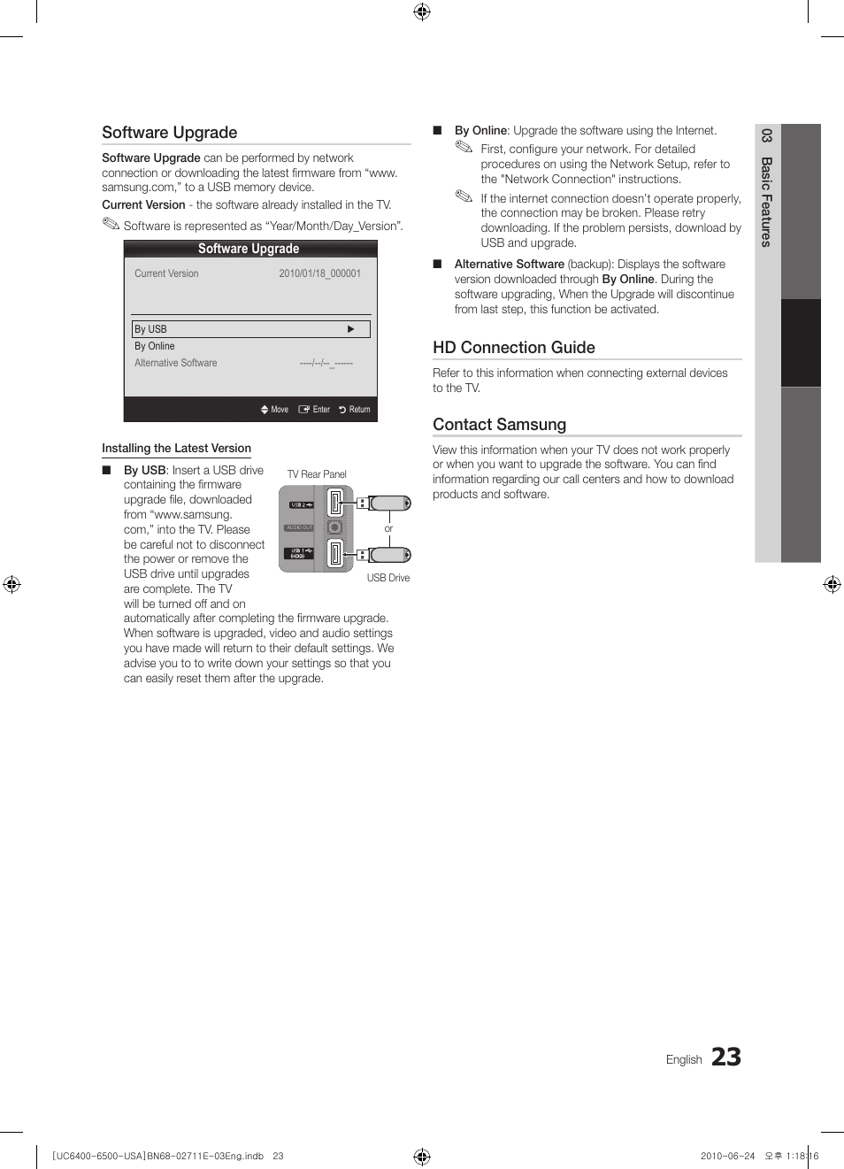 Software upgrade, Hd connection guide, Contact samsung | Samsung UN65C6500VFXZA User Manual | Page 23 / 62
