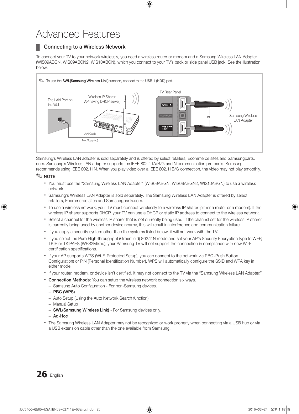 Connecting to a wireless network, Advanced features | Samsung UN65C6500VFXZA User Manual | Page 26 / 62