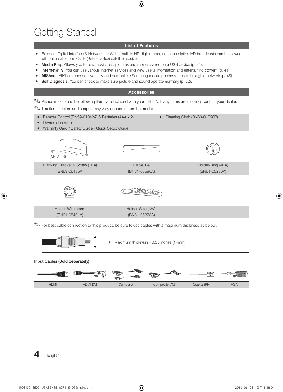 Getting started, List of features, Accessories | Samsung UN65C6500VFXZA User Manual | Page 4 / 62