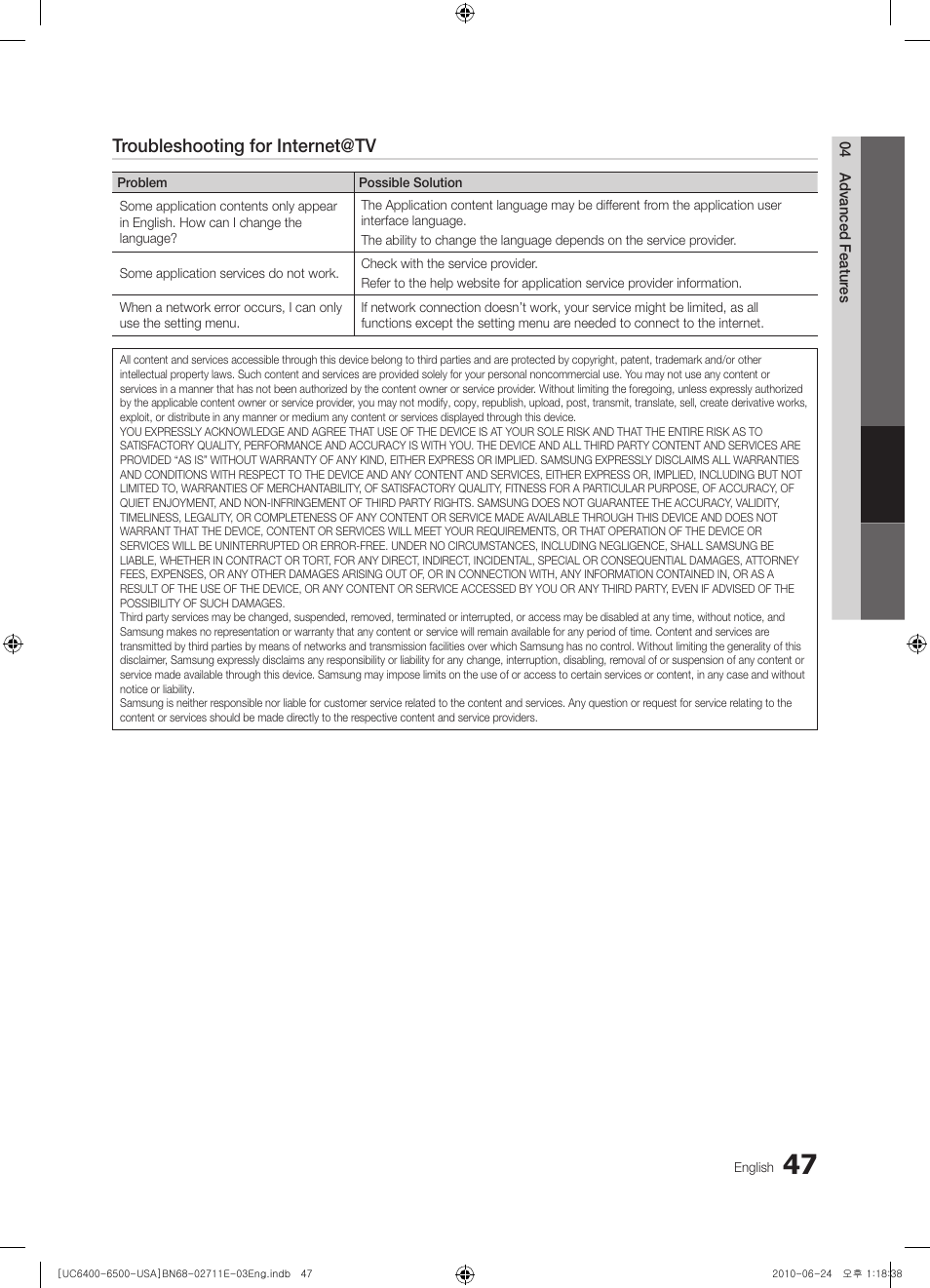 Troubleshooting for internet@tv | Samsung UN65C6500VFXZA User Manual | Page 47 / 62