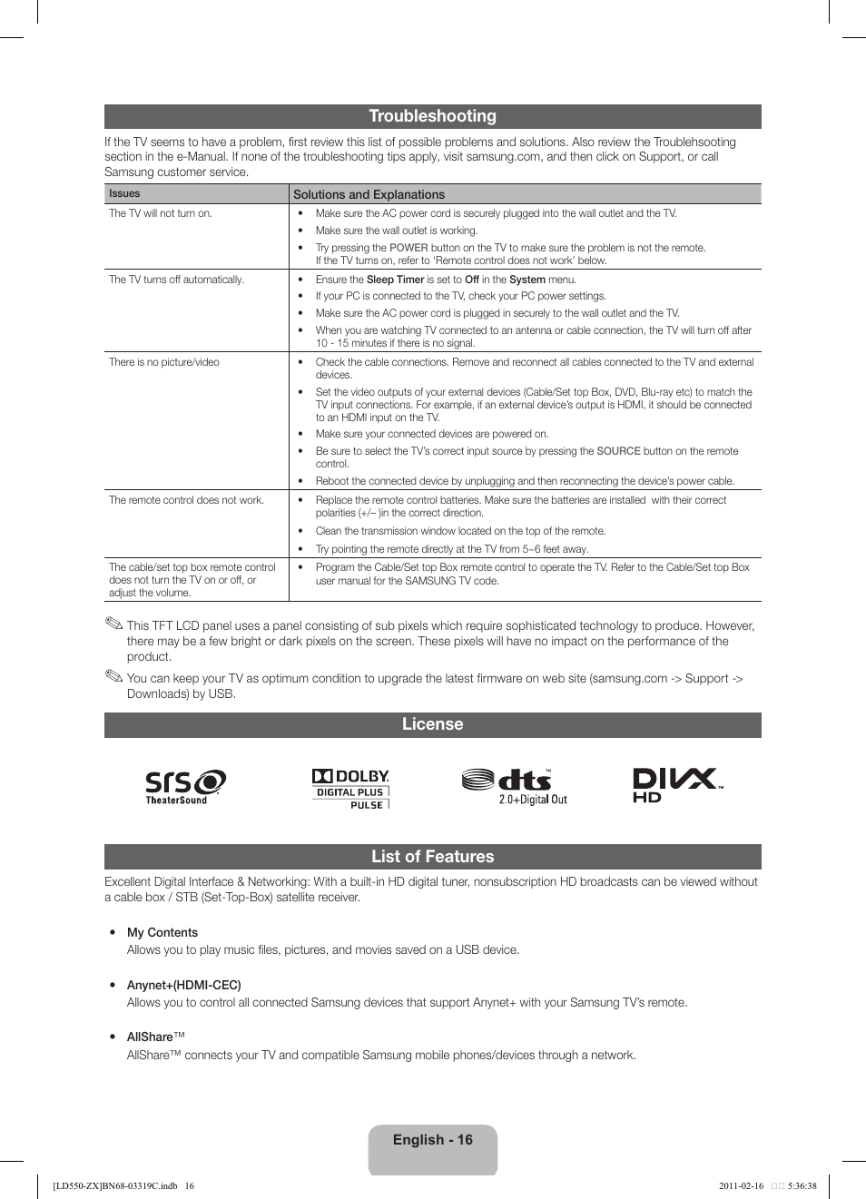 Troubleshooting, License list of features | Samsung LN40D550K1FXZA User Manual | Page 16 / 37