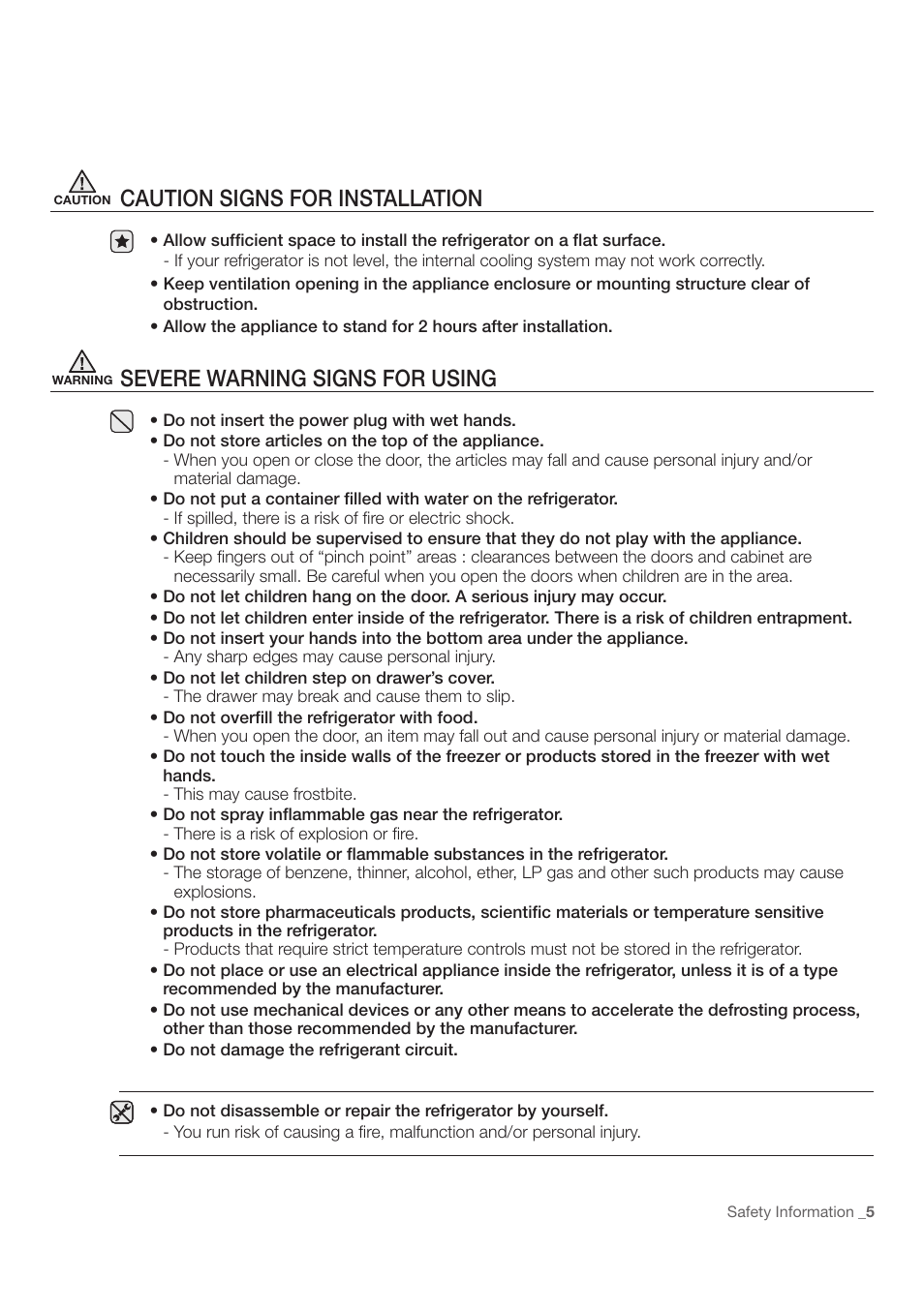 Caution signs for installation, Severe warning signs for using | Samsung RF197ACWP-XAA User Manual | Page 5 / 34