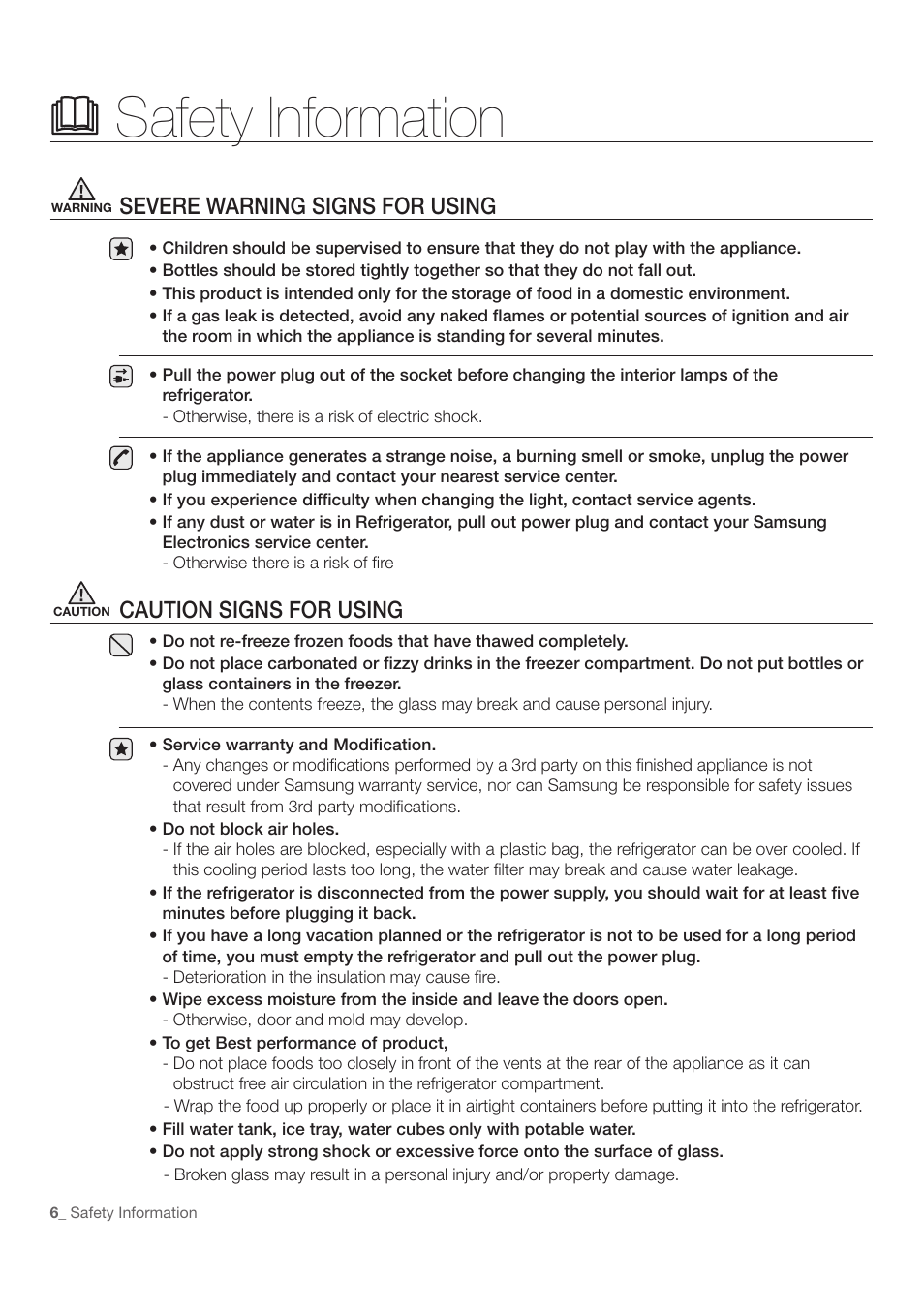 Safety information, Severe warning signs for using, Caution signs for using | Samsung RF197ACWP-XAA User Manual | Page 6 / 34