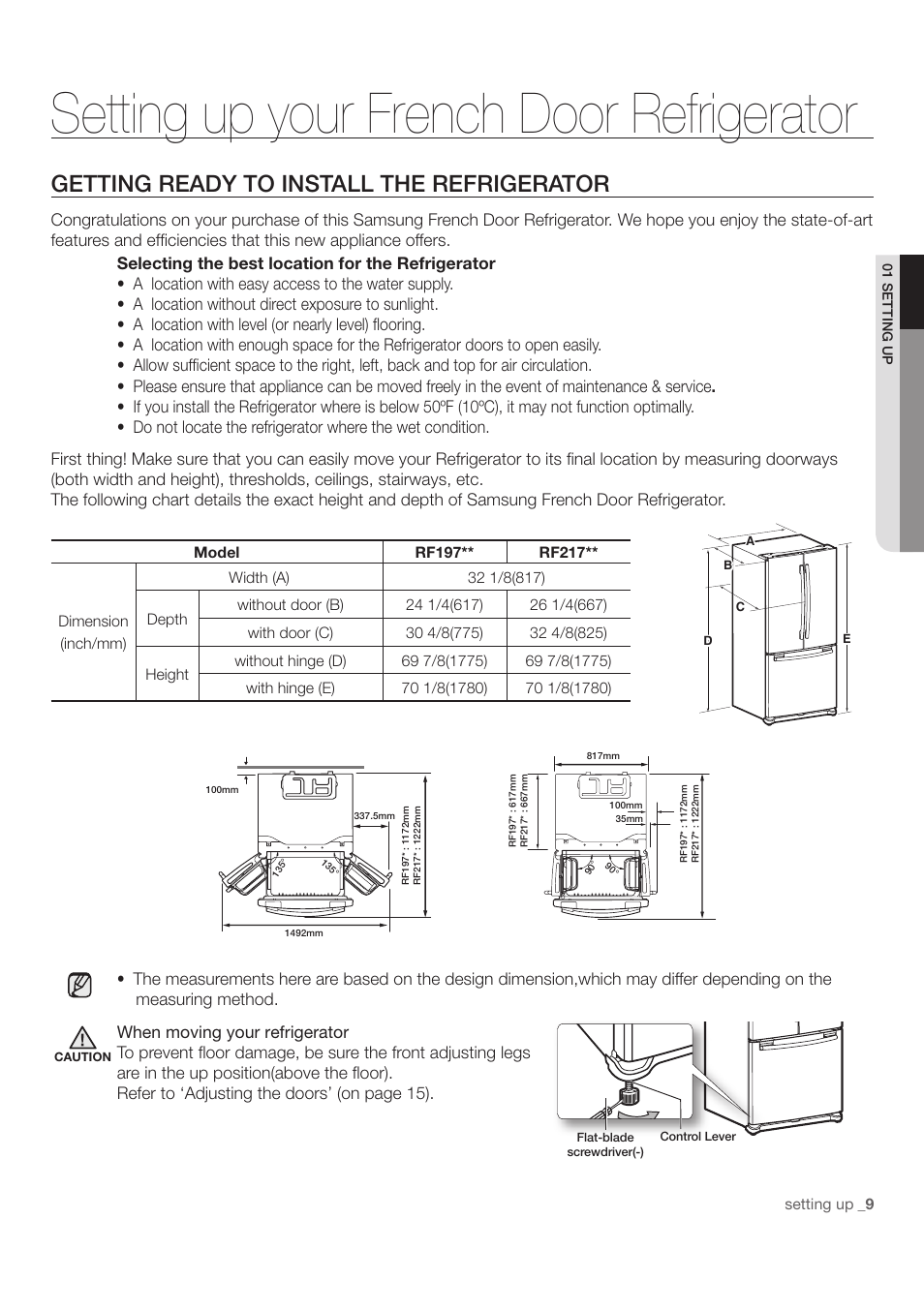 Setting up your french door refrigerator, Getting ready to install the refrigerator | Samsung RF197ACWP-XAA User Manual | Page 9 / 34