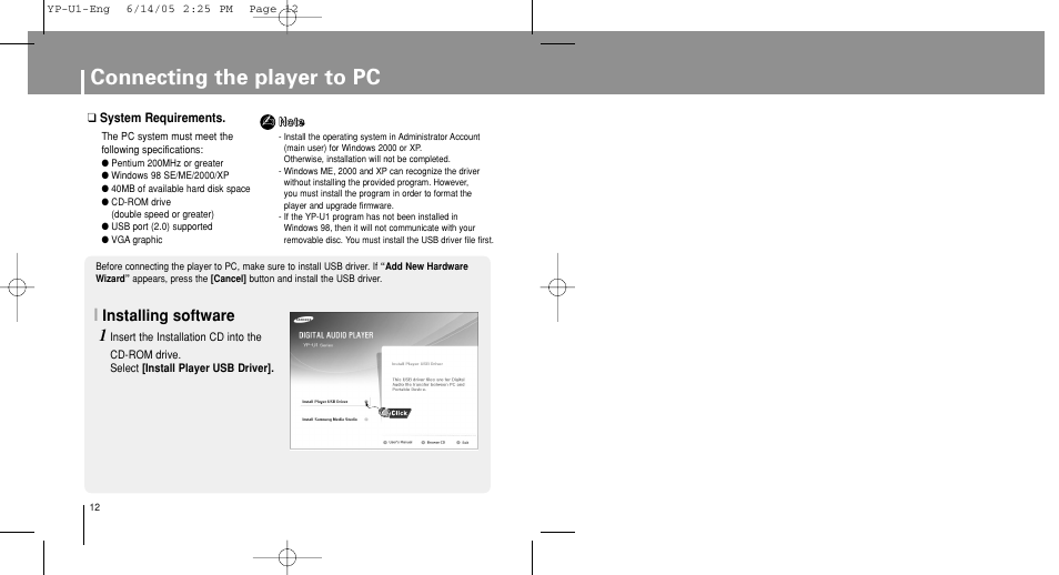 Connecting the player to pc, Installing software | Samsung YP-U1ZW-XAC User Manual | Page 12 / 56