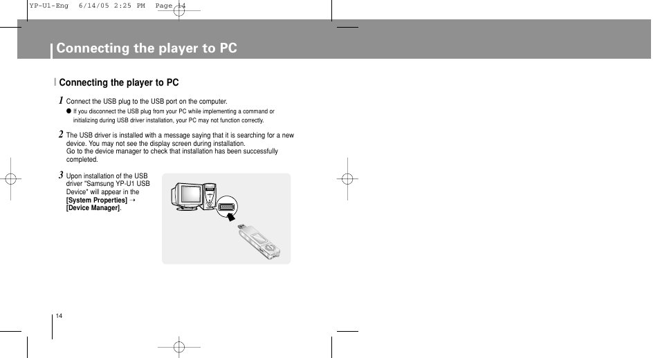 Connecting the player to pc | Samsung YP-U1ZW-XAC User Manual | Page 14 / 56