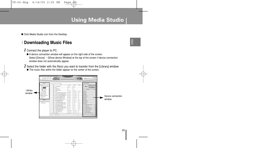 Using media studio, Downloading music files, Idownloading music files 1 | Samsung YP-U1ZW-XAC User Manual | Page 25 / 56