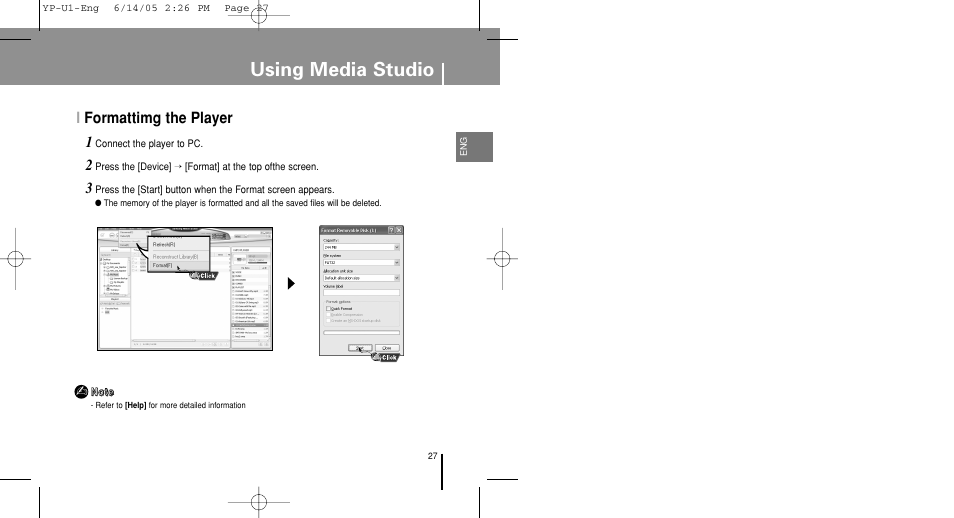 Formattimg the player, Using media studio, Iformattimg the player | Samsung YP-U1ZW-XAC User Manual | Page 27 / 56