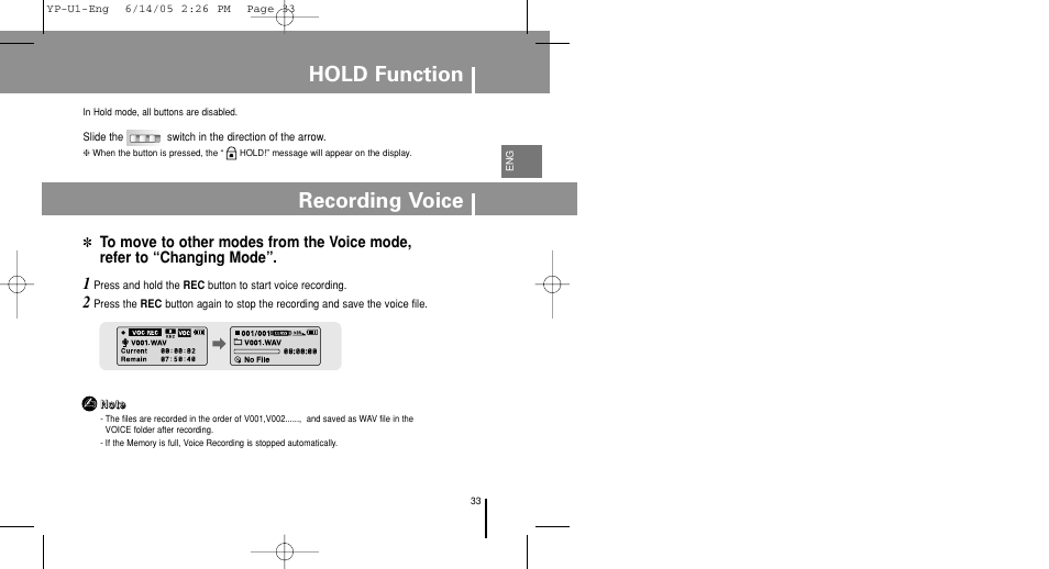 Hold function, Recording voice | Samsung YP-U1ZW-XAC User Manual | Page 33 / 56