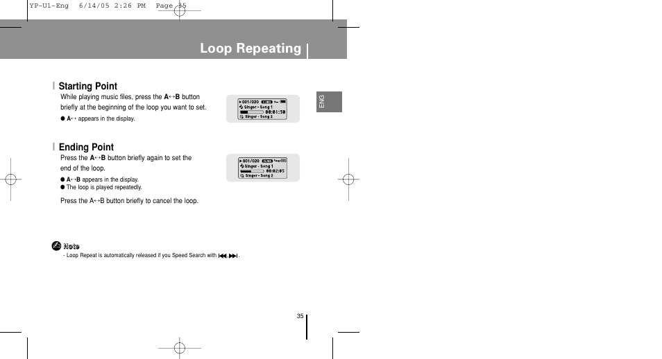 Loop repeating, Starting point, Ending point | Samsung YP-U1ZW-XAC User Manual | Page 35 / 56